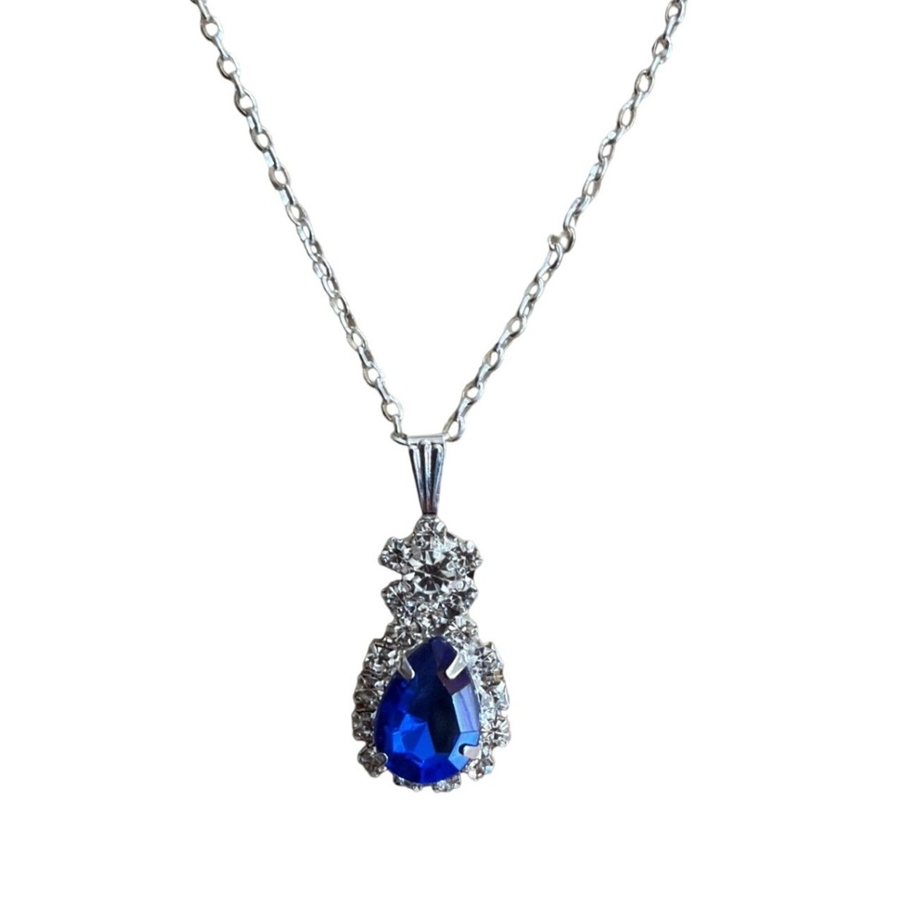 Silver Tone Blue Faux Sapphire Pear Cut Rhinestone Halo Pendant Necklace